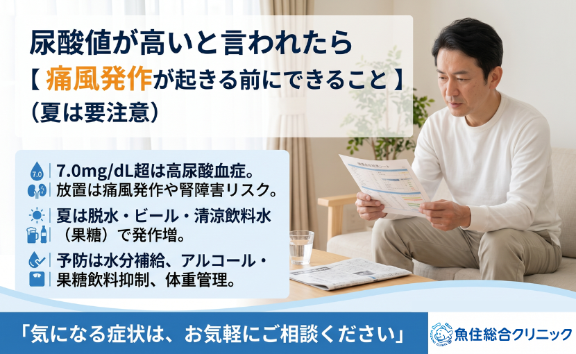 「尿酸値が高いと言われたら 痛風発作が起きる前にできること」と題し、高尿酸血症の基準（7.0mgdL超）や放置リスク、夏に発作が増える理由、水分補給やアルコール抑制などの予防法をまとめた解説画像。健診結果を見る男性の様子。