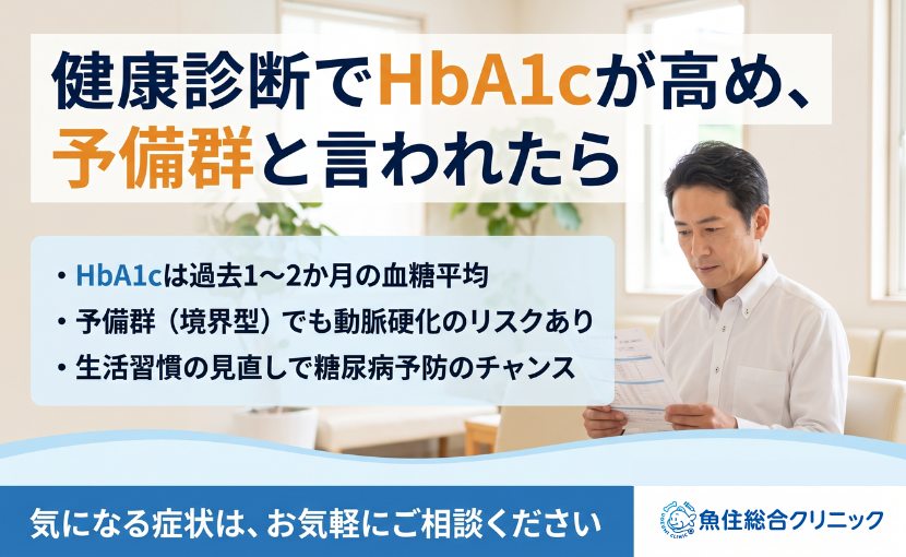 健康診断でHbA1cが高め・糖尿病予備群と言われた方向けの解説画像。HbA1cの意味や動脈硬化リスク、生活習慣見直しの重要性をまとめています。
