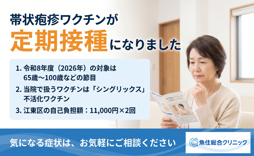 帯状疱疹ワクチンが定期接種になりました。1. 令和8年度（2026年）の対象は65歳から100歳などの節目。2. 当院で扱うワクチンは『シングリックス』（不活化ワクチン）。3. 江東区の自己負担額は11,000円×2回。気になる症状は、お気軽にご相談ください。