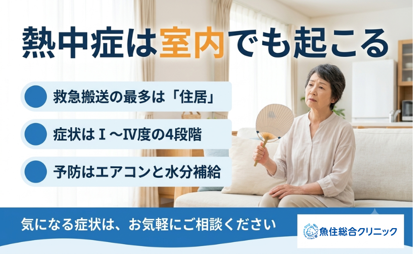 明るい室内で高齢女性が暑そうに困っている様子と、『熱中症は室内でも起こる』という見出し、要点として『救急搬送の最多は「住居」』『症状はⅠ〜Ⅳ度の4段階』『予防はエアコンと水分補給』、『気になる症状は、お気軽にご相談ください』
